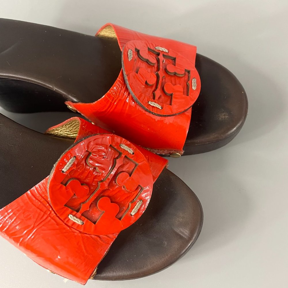 Tory Burch Platform Slides Orange Patent Leather Top, Size 8 M - Picture 11 of 12
